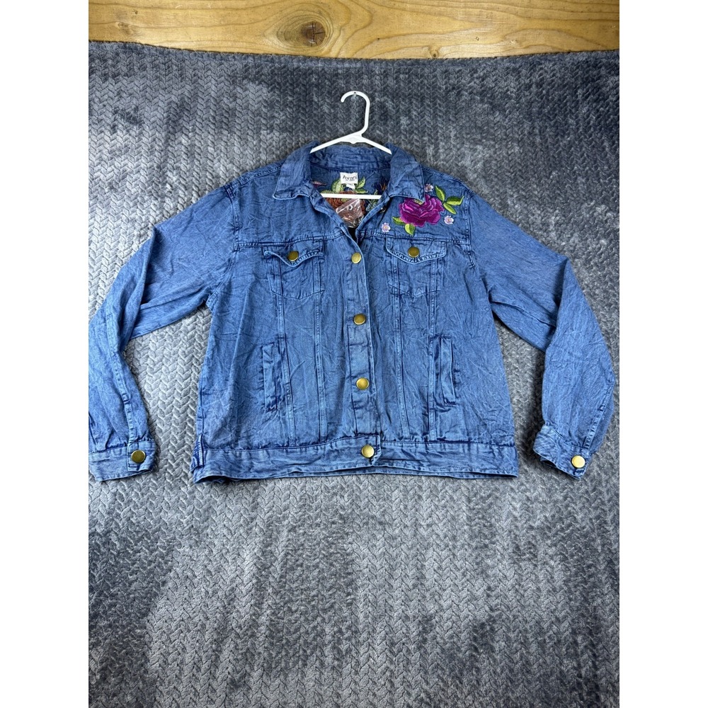 Avani Del Amour Denim Jacket Womens L Blue Floral Rose Embroidered Button Front